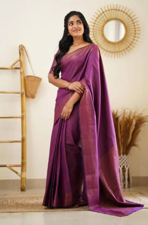 Flosive Women Purple Striped Pure Silk Banarasi Saree