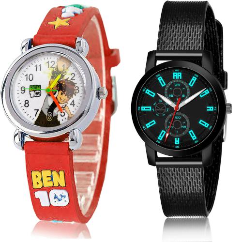 NIKOLA Classical 3D Design Ben 10 Kids Red And Black Colour Analog Plastic Belt 2 Watch Combo For Women And Girls - GC117-(63-L-10)