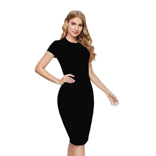 Axelus Women Black Lycra Blend Half Sleeves Midi Dress