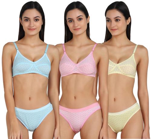 In-Curve -Women Cotton Bra Panty Set for Lingerie Set ( Pack of 3 ) ( Color : Blue,Pink,Yellow ) ( Pattern : Self Design )