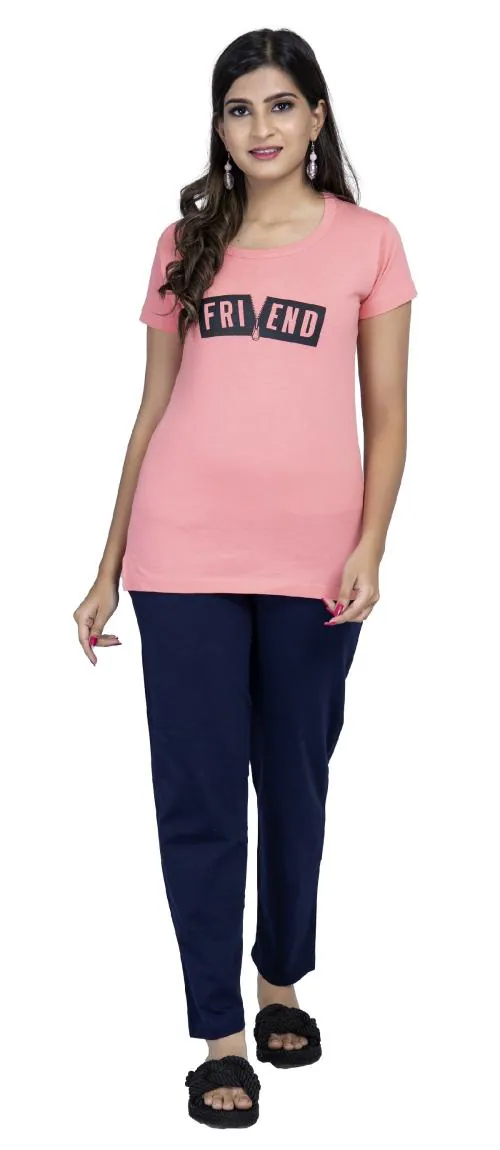 KRV Women's Cotton Printed Night Suit Set of Peach T-Shirt & Navy Blue Track Pants (Size: 3XL)