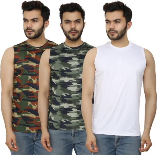 PRIME PLUS Multicolor Camouflage Polyester Round Neck Gym Vest - L (Pack of 3)