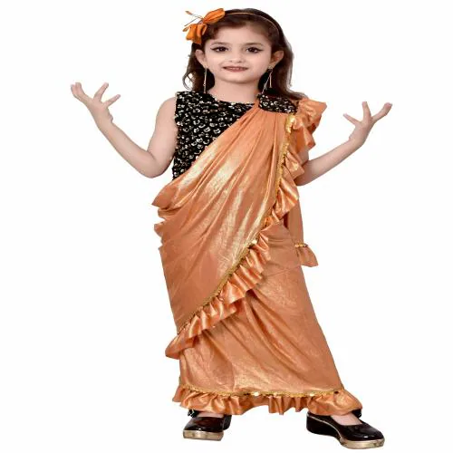 Vivek Embellished Silk Gold Stiched Solid Plain Saree For Girls