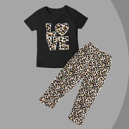 DE TEES Girls Cotton Printed Top and Bottom Set 160GSM_Black_7-8 Y