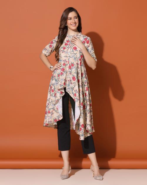 Fashion Dream Women Cream Floral Printed Polyester Top | Women Top| Tops for Women|Women Floral Print Top| Printed Top| Women Casual Top | Women High Low Top