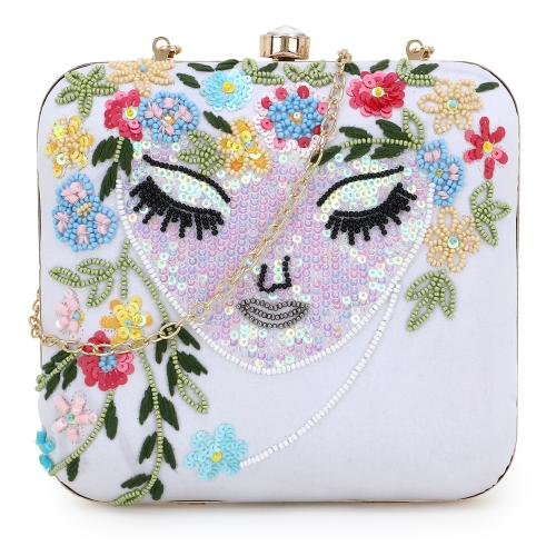 Vista White & Multi Faux Silk Sequined & Embellished Box Clutch