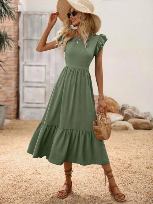 Aathya Enterprise Womens Butterfly Sleeve A line Western Dress Green XL