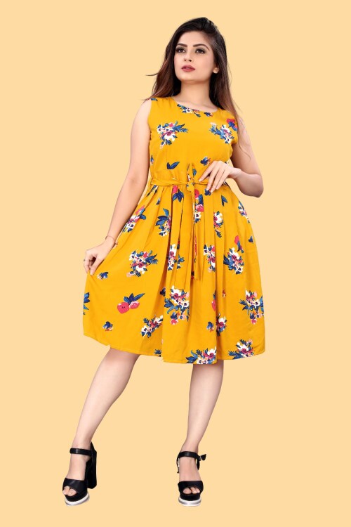 Micozy Women Yellow Fit And Flare Crepe Dress