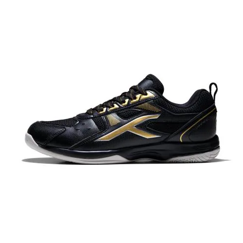 Hundred Raze Non Marking Badminton Shoes | Also Perfect for Squash, Table Tennis, Volleyball, Basketball & Indoor Sports | Lightweight & Durable | X-Cushion, Active Grip Sole, Toe Assist (Black/Gold ; UK 9)