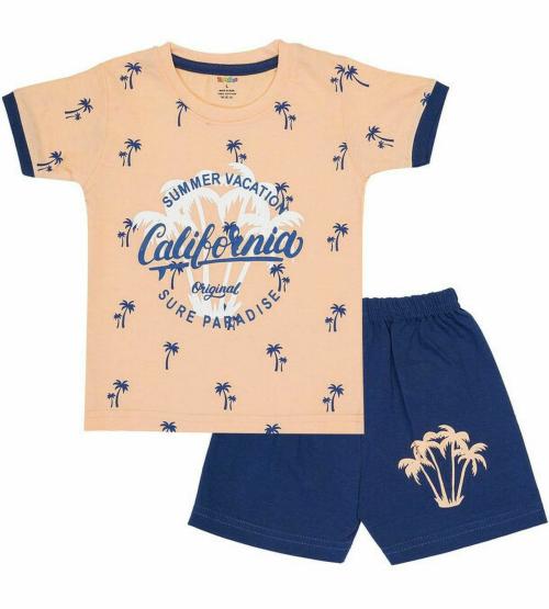 Toodles Boys Blush Peach Printed Cotton Blend Tshirt Pant (5 - 6 Y)