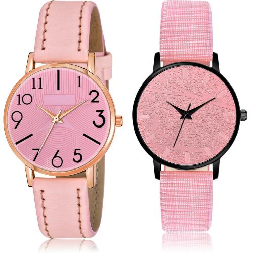 NEUTRON Classical Heart Triangle Geometry And Embossed Designer Dial Pink Colour Analog Genuine Leather Belt 2 Watch Combo For Women And Girls - GW57-GM328
