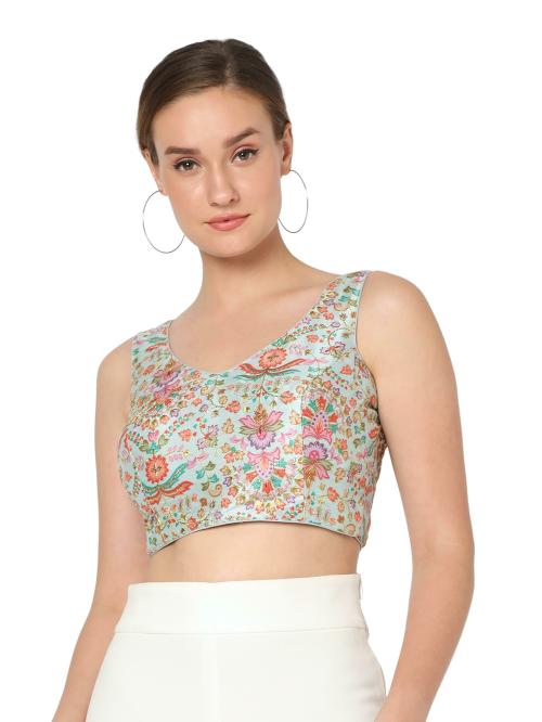 Salwar Studio Women's Light Blue Silk Blend Printed Readymade Saree Blouse