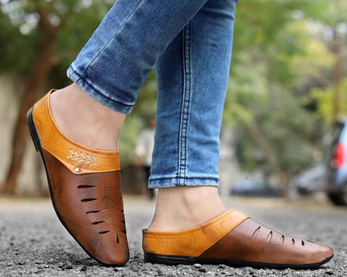 Mr. Cobbler Men's Back Open Laser Cut Design Classic Ethnic Slip On Sandals (Brown)