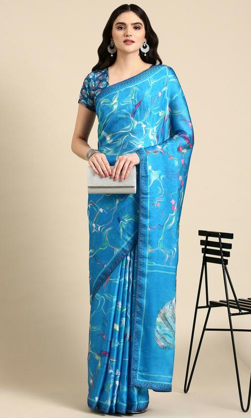 Rekha Maniyar Women's Geometric Digital Printed Satin Georgette Blue Saree With Unstitched Blouse Piece