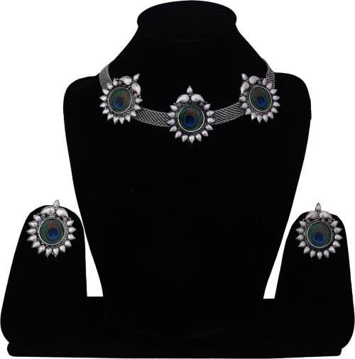 Darsha Collections Black Silver Plated Alloy Green, Silver Earring And Necklace Set (Girls And Women)l Artificial jewellary l Womens necklace l Traditional jewellary l Womens Jewellary