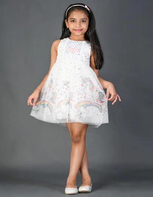 K.O.B (Kids on Board) Girls White Unicorn Printed Dress With Pink Bow Attached