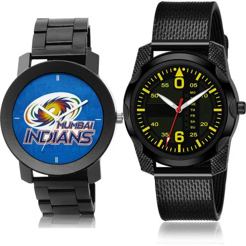 GROOT Best Model Mumbai Indians Squad (Mi) Ipl Chain Black Colour Analog Metal And Plastic Belt 2 Watch Combo For Boys And Men - IPL15-(23-S-10)