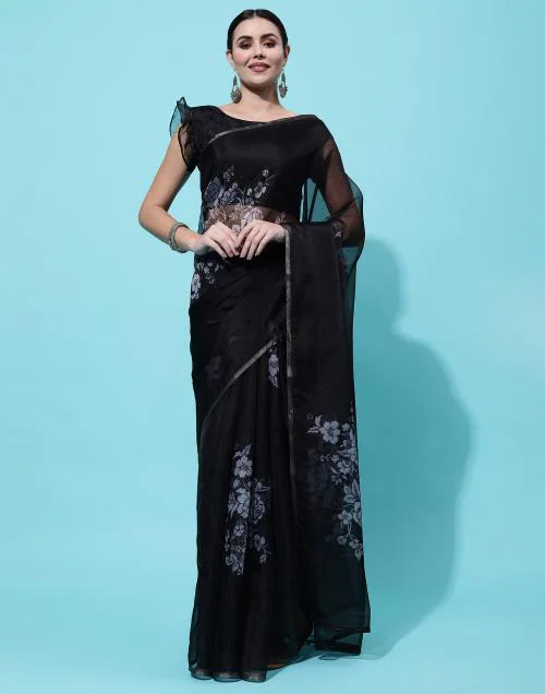 Satrani Organza Grey & Black Color Organza Saree with Blouse piece | sarees for Women| saree | sarees