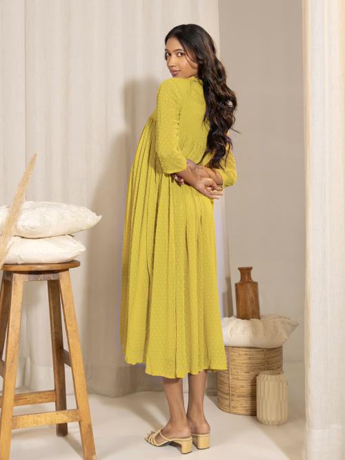 Janasya Women's Yellow Dobby Georgette Self Design Frontslit Maternity Dress