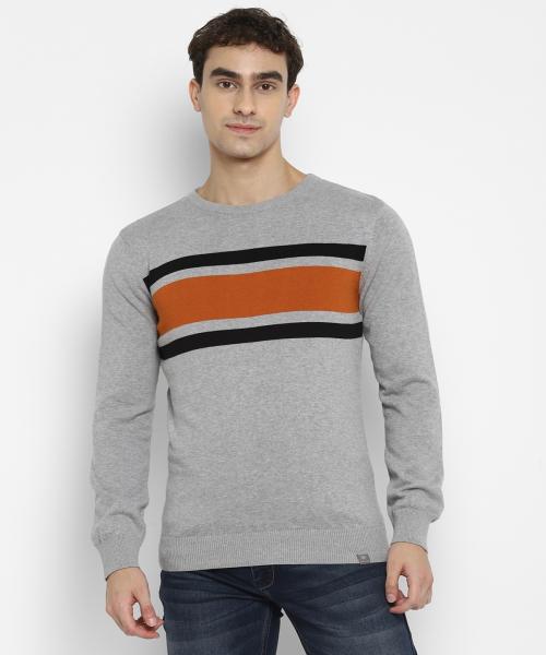 Redchief Gray Millange Full Sleeves Striper Regular Fit Cotton Casual Sweater for Men