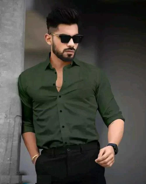 Men's STYLISH Premium FULL Sleeve Plane Shirt (Ready-Made) Dark Green