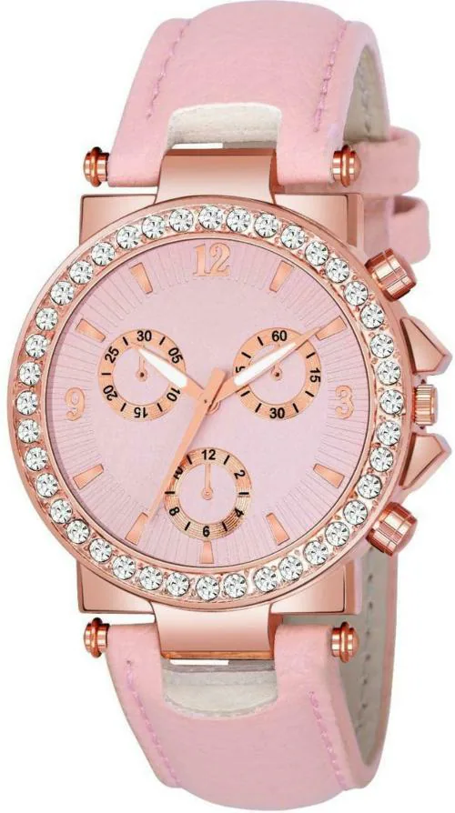 Miss Perfect Analog Pink Dial Diamond Studded Bracelet Strap Wrist Watch for Women