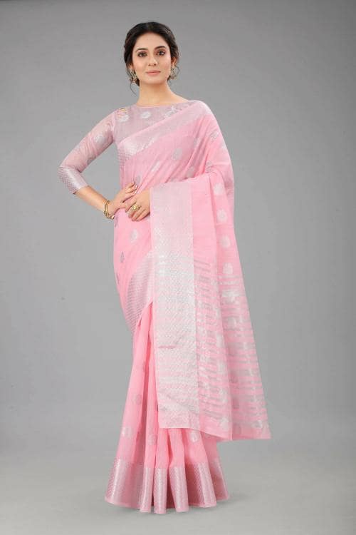 Dwini Women Pink Woven Cotton Linen Tant Saree