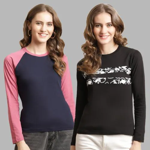 Fabflee Women Full Sleeve Pure Cotton Pack of 2 Round Neck T-shirt l women tshirt l tshirt for womenWomen tshirt | Tops for women | T shirt for women | Women Tops | T shirt | Women | Tops