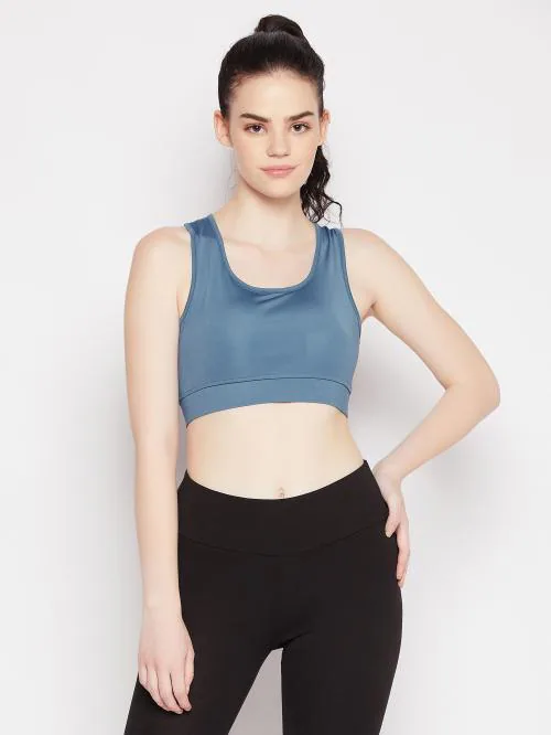 Clovia Medium Impact Padded Sports Bra in Stone Blue with Racerback