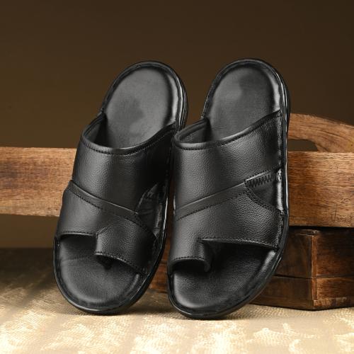 Buy G Walk 100% Genuine Leather Slip on Slippers For Men (Black) Online ...