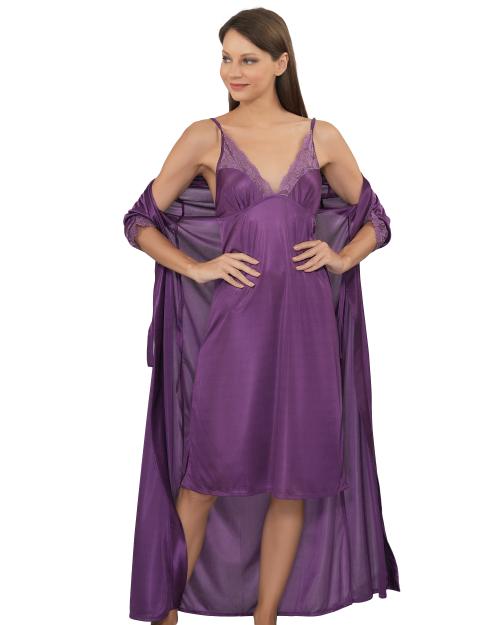 Legit Affair Purple Solid 2 Pc Set Solid knee length nighty with robe for women
