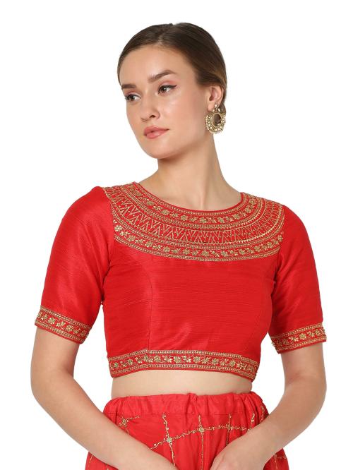 Salwar Studio Women's Red Mulberry silk Embroidered Readymade Saree Blouse