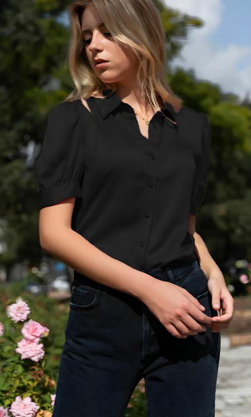 BHIKADIYA Womens Tops Silk Satin Blouses for Women Dressy Casual Puff Sleeve Button Down Shirt Work Clothes Fashion BLACK-S