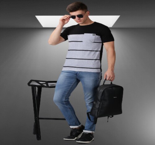 THE FASHION FACTORY Men Striped Round Neck Cotton Blend Black, Grey T-Shirt-A