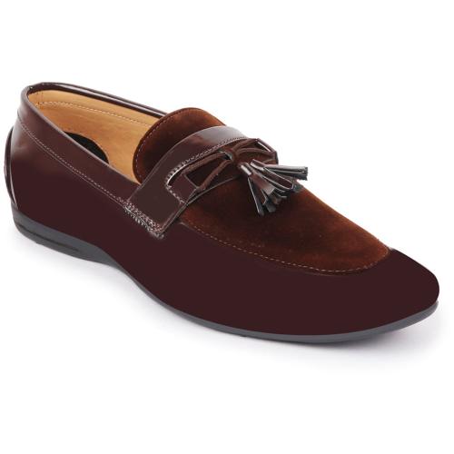 FAUSTO Men Brown Patent Leather Velvet Stylish Horsebit Buckle Formal Tassel Loafer Shoes