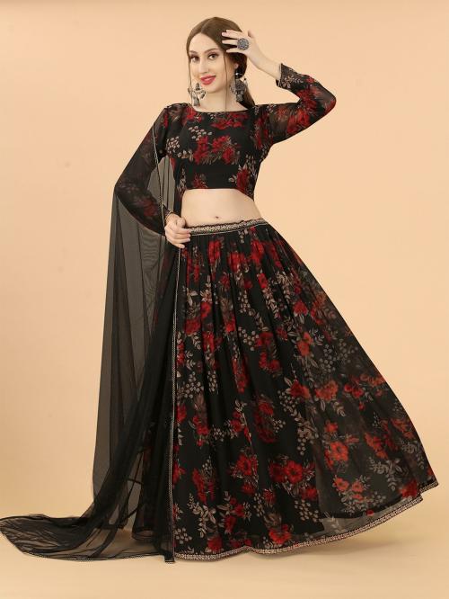 ASPORA Women Black,Red Printed Poly Georgette Lehenga Choli Set(XL)