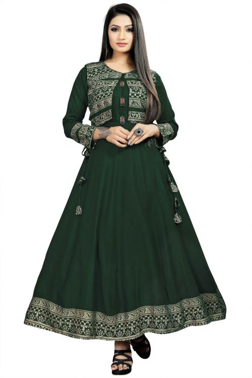Happy Design Women Dark Green Printed Rayon Anarkali Kurta