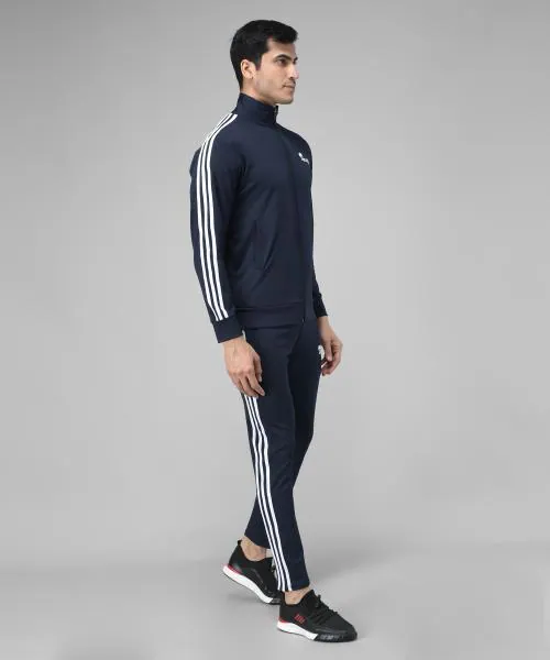Veltick Men's Lycra Solid Side Stripe Tracksuit (Dark Blue)