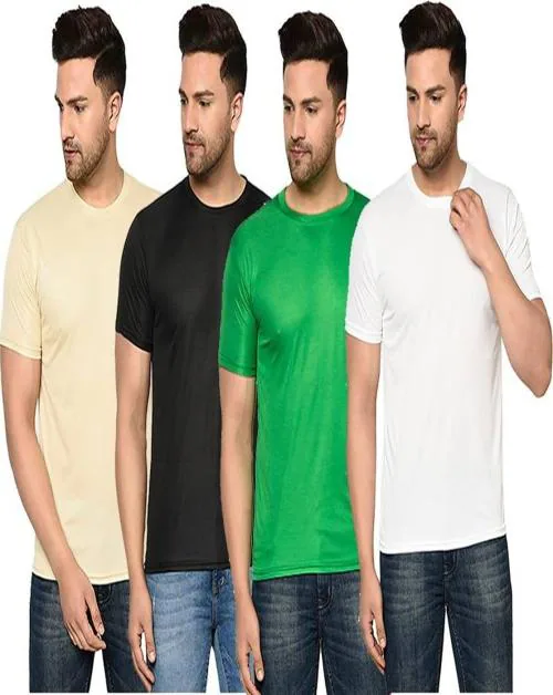 REVIZO Men Solid Round Neck Polyester T-Shirt- Beige,Black,Green,White-Pack of 4