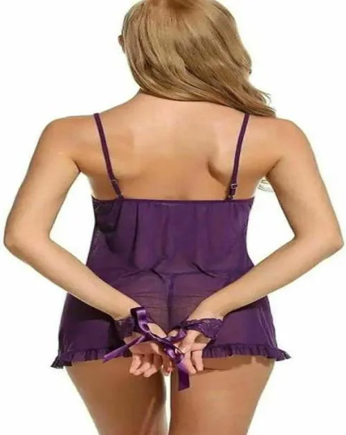 DREAMYDOLL Women Nightwear Babydoll Lingerie Nightie with Handcuff Purple