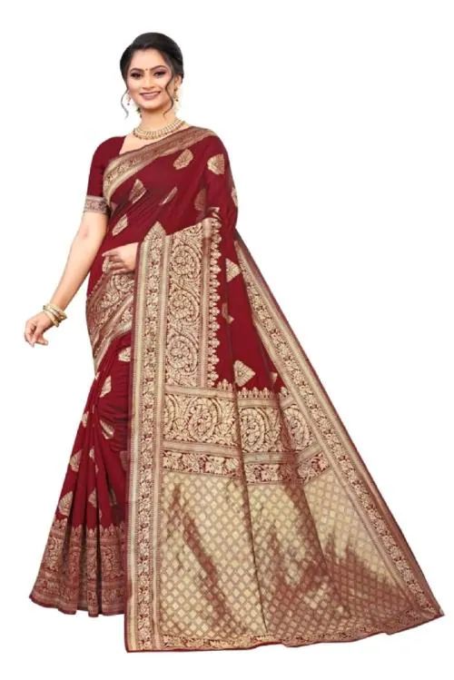 G - TEX SILK HUB Lichi Silk Saree For Women All Over Butta Work With Reach Pallu Sharee 6 Mtr