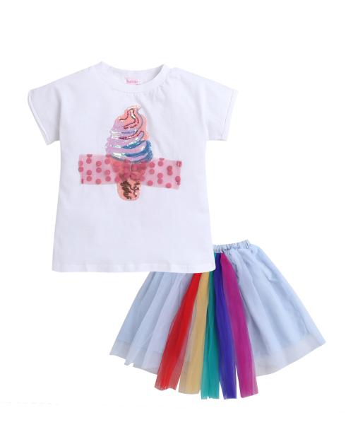 Hopscotch Girls Cotton And Polyester Embellished T-shirt And Skirt Set In White Colour For Ages 8-9 Years (ADX-3065457)