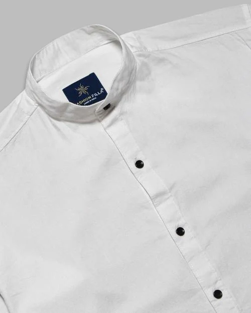 Jobber Plain Casual White Kurta Collar Shirt with Black Button for Men | Premium Cotton Shirt | Full Sleeves Slim Fit | Buy Stylish Plain Shirt Online Long Lasting Fabric