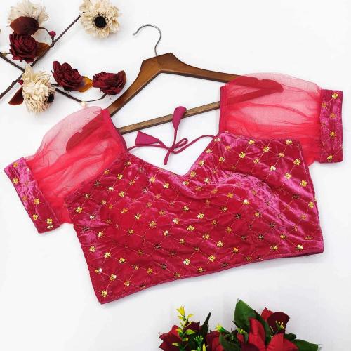 Owee Women Pink Velvet, Net Party Sweetheart Neck Blouse