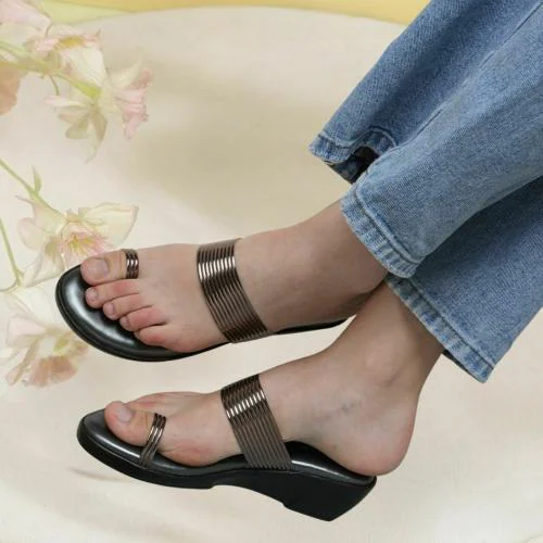 Stepee Trendy & Fancy Elegent Look Grey Slip on One Toe Ring Style Wedge Sandal
