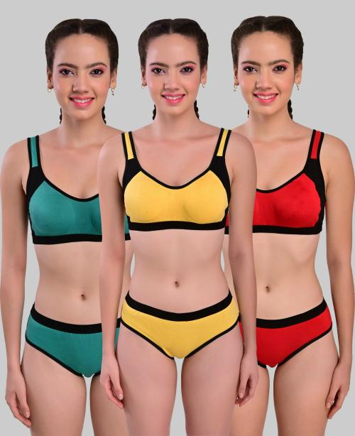 Yana Women Yellow, Green, Red Solid Cotton Blend Set Of 3 Bra And Panty (30)