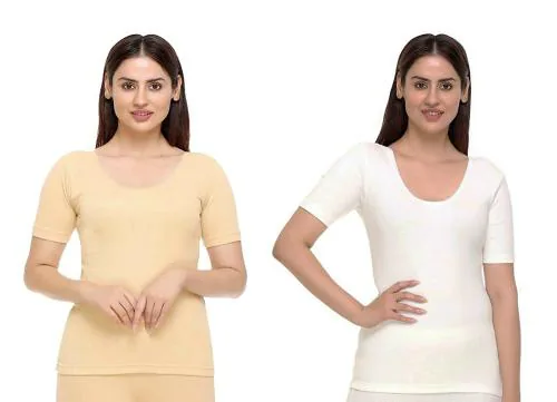 Warmzone Women Camel, Off White 50 Percent Cotton, 25 Percent Viscose, 25 Percent Polyster Pack Of 2 Thermal Round Neck Half Sleeve Top (4Xl)