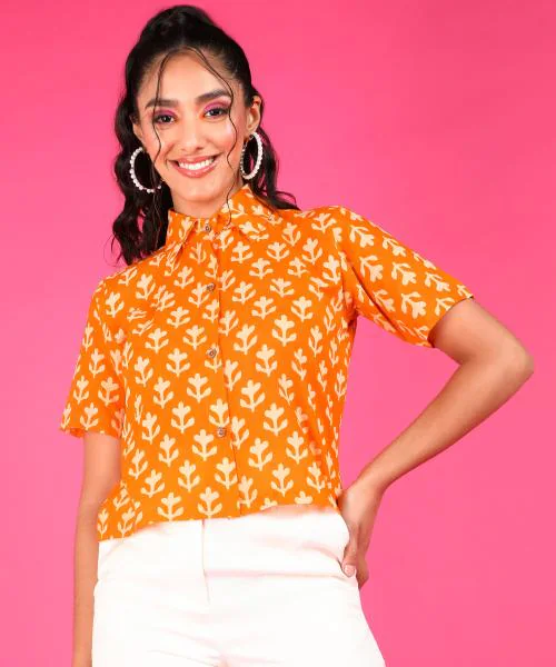 Popwings Women Casual Pure Cotton Yellow Printed Half Sleeve Shirt | Women Shirts | Women Trendy Shirts | Women Ethnic Print Shirts | Women Latest Design Shirts