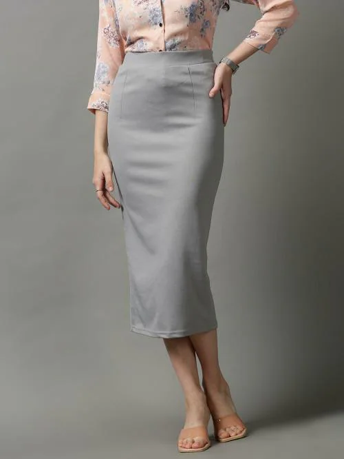 SHOW OFF Women's Grey Solid Polyester Pencil Skirt