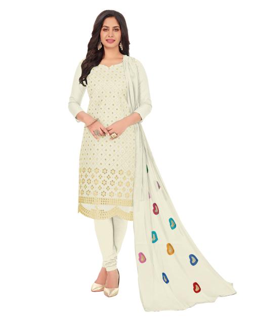 White Poly Cotton Paper Mirror with Embroidery Dress Material With Dupatta